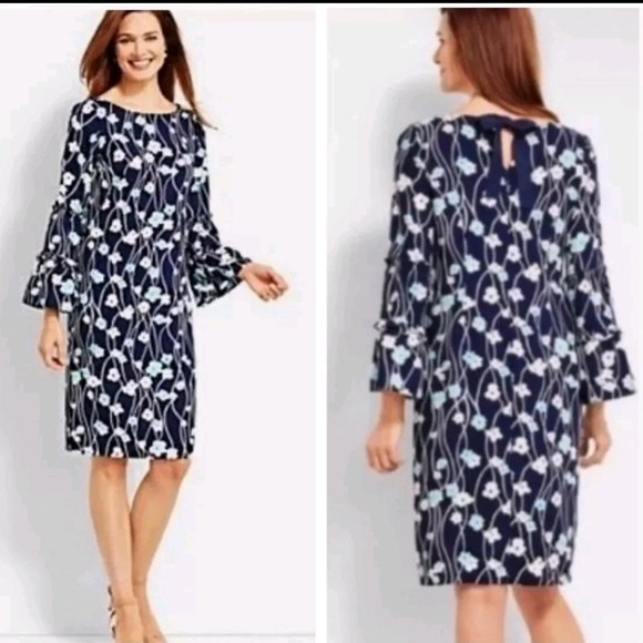 Talbots Blossom Blue Floral Pattern Shift Dress With Bell Sleeves. Size 12P. - Picture 2 of 9